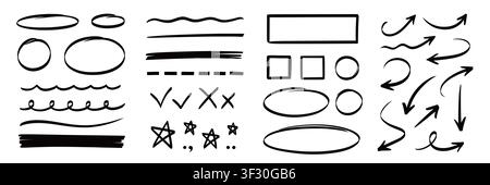Linienpfeil-Handmarker-Set. Handgezeichneter Linienpfeil-Marker-Stift-Pinsel-Skizze Kontroll-Hervorhebung-Strich. Kreisunterstreichung-Tick-Sternzeichen, Kritzel-krause Kontrolle, Kreuzzeichen. Vektorillustration Stock Vektor