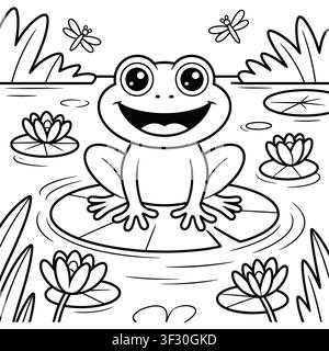 Süßer Cartoon-Frosch auf Seerosenblatt oder Lotus-Teich-Szene Kinder Malvorlage mit Libellen Kinder Umrisszeichnung Stock Vektor
