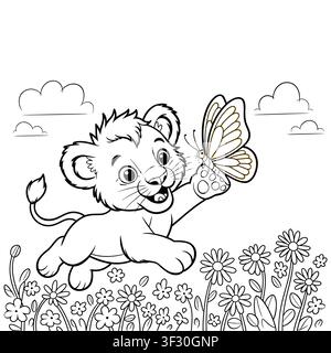 Süßes, entzückendes Cartoon-Löwenjunges und Schmetterling-Linienkunst-Farbbuch für Kinder und Kinder Skizzenzeichnungsaktivitätsbuch Safari-Tier Stock Vektor