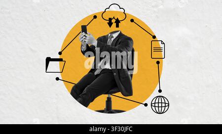 Kreatives Kollage eines kopflosen Geschäftsmannes, der ein Telefon verwendet, umgeben von Netzwerksymbolen wie Wolke, Ordner und Globus, die die moderne digitale Verbindung symbolisieren Stockfoto
