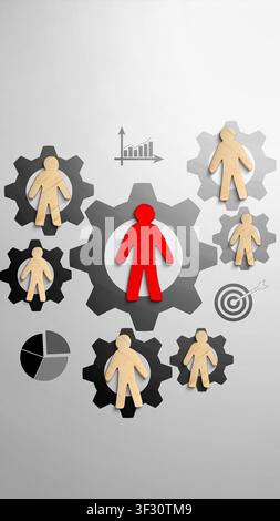 Zentrale rote menschliche Figur steht in einem Zahnrad, umgeben von hölzernen Teammitgliedern in Zahnrädern neben Symbolen für Diagramme und Ziele. Stellte Führung dar, oder Stockfoto