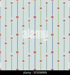 Minimalistisches florales Nahtloses Muster mit niedlichen kleinen Blumen und farbenfrohen vertikalen Linien auf hellblauem Hintergrund. Stockfoto
