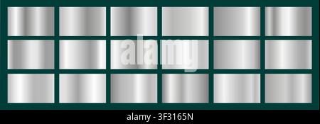 Realistisches Silber-, Aluminium-, Platin-Stahl-Gradient-Texturpaket. Glänzender Metallfolien-Gradientensatz. Vektorillustration Stock Vektor