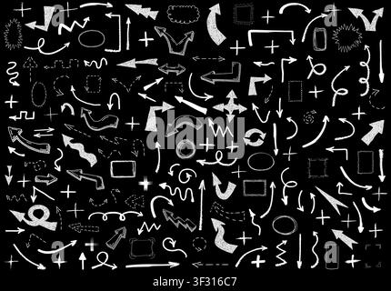 Großes Set von weißen Grunge-Doodle-handgezeichneten Pfeilen, Pluszeichen und Bordurrahmen, isoliert auf schwarzem Hintergrund. Skizzenstil-Tinten-Symbolsammlung. Vektor Stock Vektor