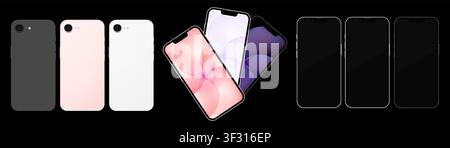 Detailliertes Schwarz-, Rosa- und Weiß-Handy-Mockup-Pack. Vorder- und Rückansicht isoliert auf schwarzem Hintergrund. Vektorillustration Stock Vektor