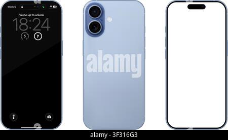 Detailliertes blaues Handy-Modell. Vorder- und Rückansicht isoliert auf transparentem Hintergrund. Vektor-PNG Stock Vektor