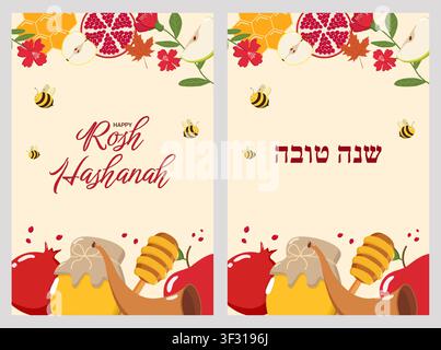 Zwei Rosh-Hashanah-Glückwunschkarten mit Happy Rosh Hashanah auf Englisch und Shana Tova auf Hebräisch Stock Vektor