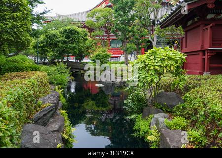 Traditioneller japanischer Tempelgarten mit ruhigem Teich und üppiger Vegetation. Rote Holzkonstruktionen lugen durch dichtes Laub. Das Wasser spiegelt die umliegenden Bäume wider Stockfoto