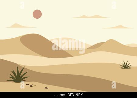Minimale Wüstenillustration, die sich wälzende Sanddünen, spärliche Pflanzen, felsigen Boden und eine tiefe Sonne am Himmel zeigt Stock Vektor