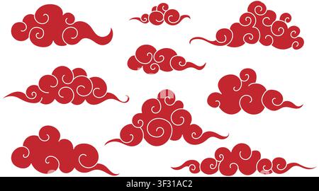Traditionelle asiatische Wolkenmuster mit ornamentalen japanischen Motiven und chinesischen Symbolen als Vektorillustrations-Set. Stock Vektor