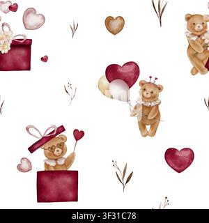 Nahtloses Aquarellmuster mit niedlichen Teddybären, herzförmigen Ballons und Geschenkschachteln für den Valentinstag. Handgezeichnete Illustrationen brauner Teddy Stockfoto
