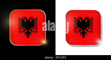 Albanien-Flagge glänzende goldene und silberne Symbole isoliert auf Schwarz und Weiß. Vektor-3D-quadratische abgerundete beleuchtete Schaltflächen mit Schatten. Verwendung für Wetten, Turnier Stock Vektor