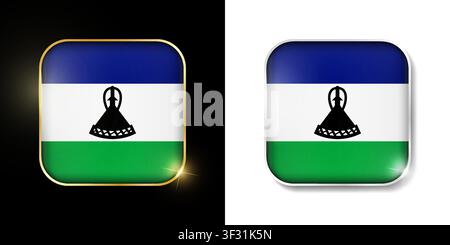 Lesotho-Flagge glänzende goldene und silberne Symbole isoliert auf Schwarz und Weiß. Vektor-3D-quadratische abgerundete beleuchtete Schaltflächen mit Schatten. Verwendung für Wetten, Turnier Stock Vektor