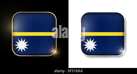 Nauru-Flagge glänzende goldene und silberne Symbole isoliert auf Schwarz und Weiß. Vektor-3D-quadratische abgerundete beleuchtete Schaltflächen mit Schatten. Verwendung für Wetten, Turnier Stock Vektor