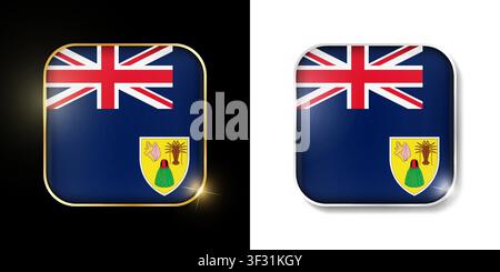 Flagge der Turks- und Caicos-Inseln glänzende goldene und silberne Symbole isoliert auf Schwarz und Weiß. Vektor-3D-quadratische abgerundete beleuchtete Schaltflächen mit Schatten. Verwendung Stock Vektor