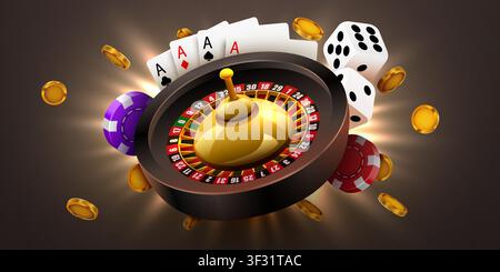Casino-Rouletterad mit Spielkarten, Chips und Würfeln. Luxus-Glücksspiel-Hintergrundkonzept. Vektorillustration Stock Vektor