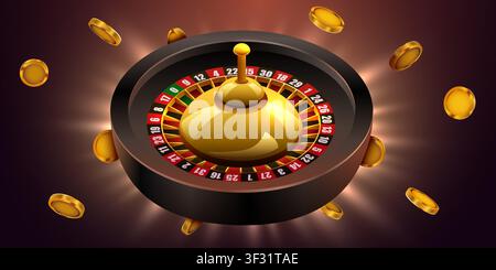 Casino-Rouletterad mit fliegenden goldenen Münzen. Luxus-Glücksspielkonzept für Ihr Design. Vektorillustration Stock Vektor
