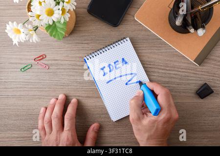Oberansicht von Händen, die "IDEA" auf einem spiralförmigen Notizblock mit einem blauen Stift auf einem Holzschreibtisch schreiben, umgeben von Büromaterialien, Blumen und einem Smartphone. Stockfoto