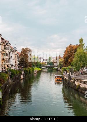 Panoramablick auf die Ljubljanica, die sich durch Ljubljana schlängelt, mit historischen Ufergebäuden, üppigen Bäumen und einem Touristenboot unter bewölktem Himmel in Stockfoto
