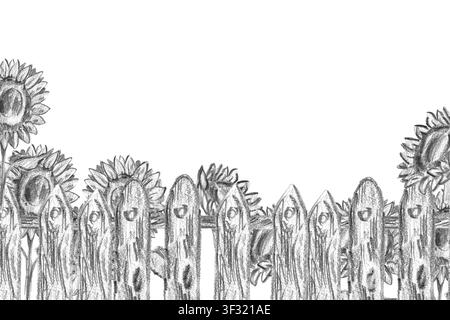 Bleistift-Skizzen-Banner mit einem Holzzaun, Sonnenblumen und viel freiem Kopierraum. Ideal für Küchendekoration im Farmhausstil, rustikale Speisekarten und Stockfoto