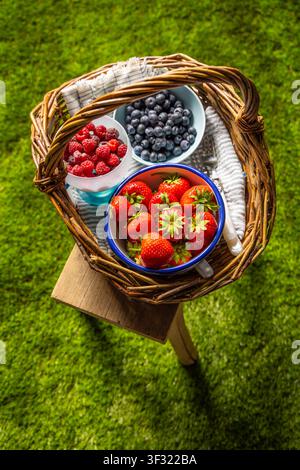 Korb aus Weidengeflecht, gefüllt mit frischen Erdbeeren, Himbeeren und Blaubeeren auf einem Holzstuhl Stockfoto