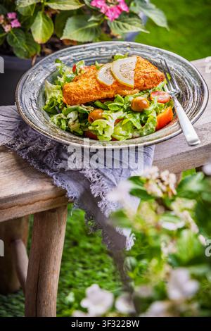Knuspriges paniertes Fischfilet serviert mit frischem grünem Salat und Kirschtomaten Stockfoto
