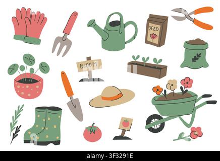 Vektor-Set von Gartenelementen im naiven handgezeichneten Stil. Sammlung von Clip-Art für Aufkleber und Postkarten. Gartenbau und Horticulture. Stock Vektor