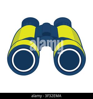 Helle, stilisierte Vektor-Ikone von einem Fernglas mit kräftigen gelben und blauen Streifen, bereit für Outdoor-Abenteuer oder Erkundung. Stock Vektor