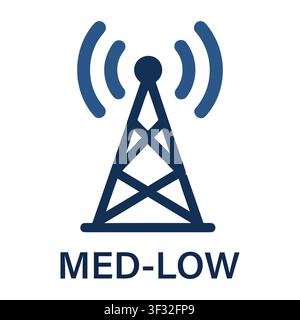 Einfache Vektor-Ikone eines Mobilfunkmastes mit Signalwellen, die mit ‚med-niedrige Frequenz‘ für drahtlose Kommunikationsdesigns beschriftet sind. Stock Vektor