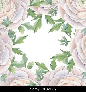 Quadratischer Aquarell-Blumenrahmen mit pinken Ranunkeln, Rosen, Pfingstrosen und grünen Blättern auf weißem Hintergrund. Für Hochzeitseinladungen und Karten, Verpackungsdesign. Botanische Bordüre mit Kopierraum Stockfoto