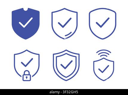 Moderne Flat-Design-Symbole, die sichere, verifizierte und geschützte Konzepte mit Häkchen in Schilden darstellen Stock Vektor