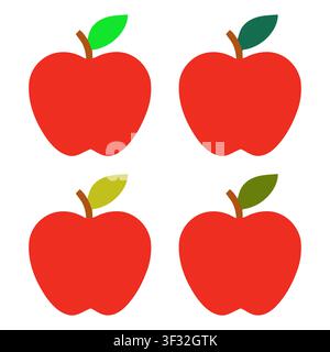 Vier leuchtend rote Äpfel mit grünen Blättern ordentlich angeordnet, isoliert auf einem sauberen weißen Hintergrund für vielseitige Verwendung in Designs und Grafiken. Stock Vektor