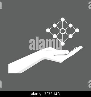 Eine einfache Illustration einer Hand, die ein Symbol für eine molekulare oder atomare Struktur mit miteinander verbundenen Knoten hält. Stock Vektor