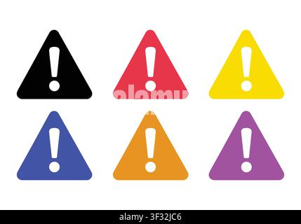 Helle Reihe aus sechs lebendigen Ausrufezeichen-Dreieck-Icons mit fetten weißen Symbolen, ideal für Warnungen und Benachrichtigungen. Stock Vektor
