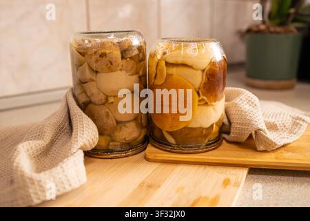 Zwei Glasbehälter gefüllt mit eingelegten Porcini-Pilzen, Konzept der Ernteerhaltung im Herbst, horizontale Studionaufnahme. Stockfoto