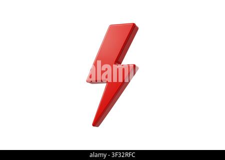 3D-Rendering eines hellroten, glänzenden Blitzsymbols, das mit einer leichten Neigung gezeigt wird und auf einem weißen Hintergrund isoliert ist. Stockfoto