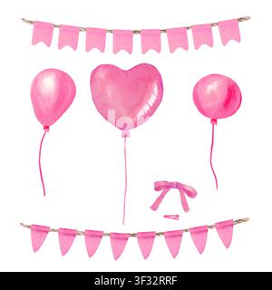 Ein Satz Girlanden aus dreieckigen und traditionellen Flaggen, Luftballons, Herzen und einer Schleife in Rosa, handgemalt mit Wasserfarben auf einem isolierten Hintergrund. Ich Stockfoto