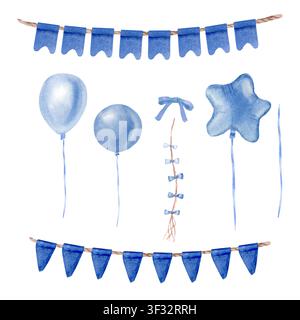 Ein Satz Girlanden aus dreieckigen und traditionellen Flaggen, Luftballons, Sternen und einer Schleife in Blau, handgemalt mit Wasserfarben auf einem isolierten Hintergrund. Il Stockfoto