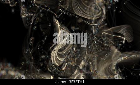 Schimmerndes Chaos aus transparenten Linien. Funkelnde Partikel in abstrakter Strömung. Abstrakte Unterwasserorganik in Blautönen. Stockfoto