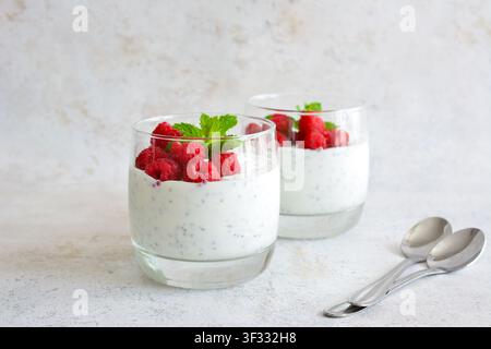 Chia-Pudding mit Himbeeren und Minzblatt oben in einer Glasfrontansicht Kopierraumkopie Stockfoto