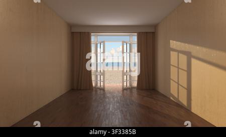 Leerer Wohnraum mit offenen französischen Türen zum Meer hin. Warmes Sonnenlicht, Holzboden und Küstenblick schaffen ein friedliches Wohnraumkonzept. Stockfoto