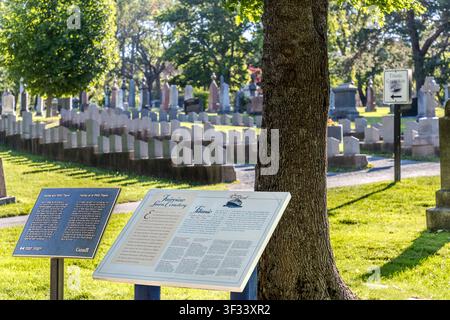 Ein Informationsbrett, das die Geschichte des Fairview Lawn Friedhofs und der RMS Titanic detailliert, steht zwischen den Grabreihen in der Chisholm Avenue in Halifax, Nova Scotia, Kanada. Ein Wegweiser daneben führt Besucher zu dem Abschnitt, der als ‚Titanic-Gräberstätte‘ bekannt ist und die 121 Gräber derer enthält, die beim Schiffbruch von 1912 ums Leben kamen. Halifax, Nova Scotia, Kanada Stockfoto