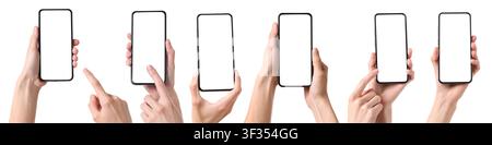 Menschen, die Smartphones mit leeren Bildschirmen auf weißem Hintergrund halten, Set Stockfoto