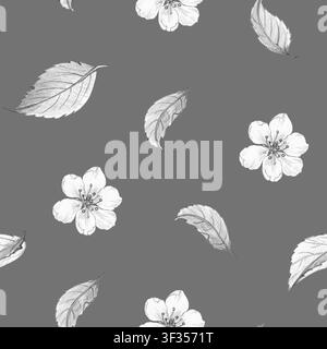 Nahtloses monochromes Bleistiftmuster mit Kirschblüten und fallenden Blättern vor dunklem grauem Hintergrund, für Vintage-Textilien, Geschenkpapier und Briefpapier. Stockfoto