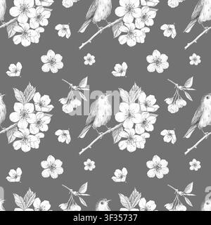 Nahtloses Muster mit Kirschblüten und Vögeln auf grauem Hintergrund. Handgezeichnete Bleistiftzeichnungen für Textildesign, Verpackungen und biologische Kosmetik. Botanische Illustration für Tapeten und Briefpapier. Stockfoto
