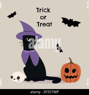 Halloween-Illustration einer schwarzen Katze, die als Hexe verkleidet ist, die neben einem gruseligen Kürbislaternen und Schädel sitzt, mit fliegenden Fledermäusen und Trick or Treat Stock Vektor