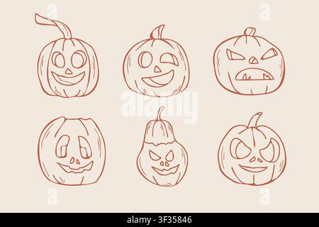 Süße und gruselige Halloween-Kürbislaternen-Gesichter-Strichmalkollektion Stock Vektor