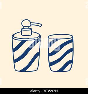 Set von Badezimmerversorgern. Flaschen für Flüssigseife und Glas-Clip-Art. Handgezeichnete persönliche Hygieneartikel, Vektorgrafiken Stock Vektor