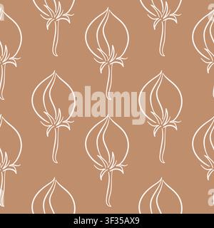Nahtloses Baumwollpflanzenmuster mit botanischen Blumen. Textildruck mit weißen Linienkunst-Elementen auf braunem Hintergrund. Eleganter floraler Hintergrund Stock Vektor