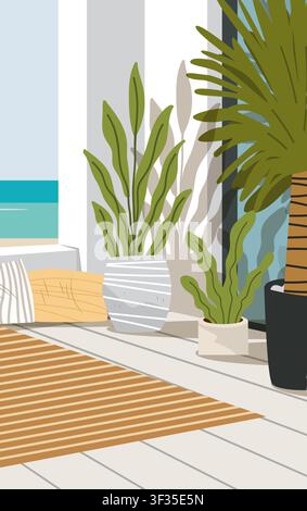 Mediterranes Küsten-Aesthetic-Interieur moderne Pflanzen sonnige Terrasse Meerblick gestreifter Teppich entspannende Dekoration Sommerhaus Stock Vektor
